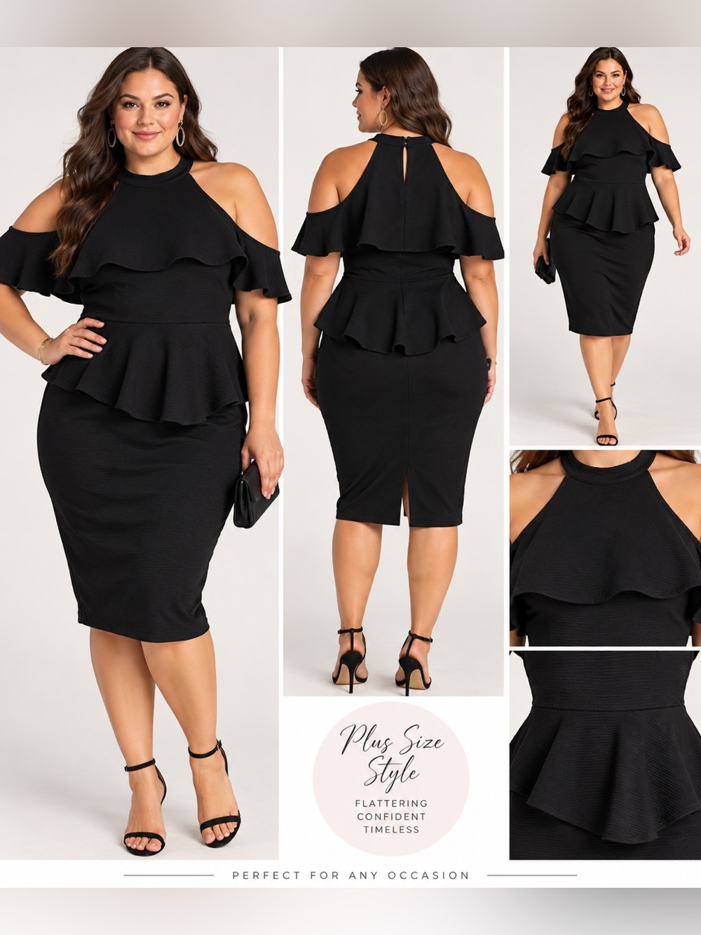 Plus Size 2XL Black Ruffle Cold Shoulder Peplum Midi Cocktail Dress